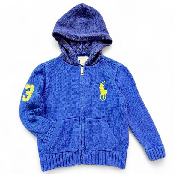 Ralph Lauren Big Pony Full-Zip Knit Hooded‎ Sweater Baby 24M Preppy Blue Yellow - Picture 1 of 8